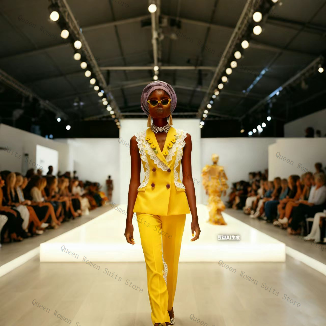 Women Formal Wear Vest - Setelan Celana Wanita Renda Putih Kuning