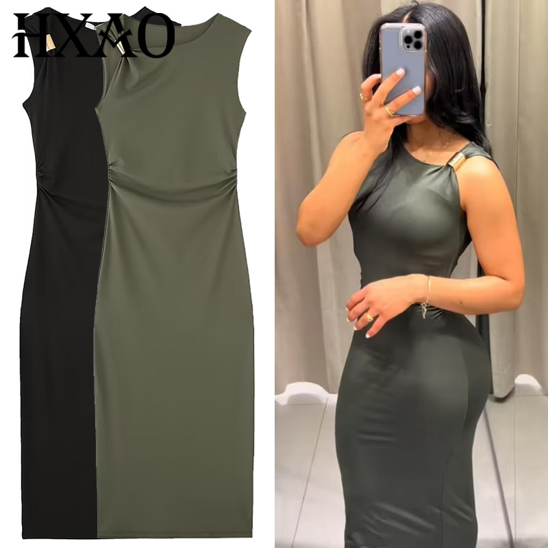 HXAO Gaun Bodycon Kerut Wanita - Women'S Green Formal Wear ulasan dan harga