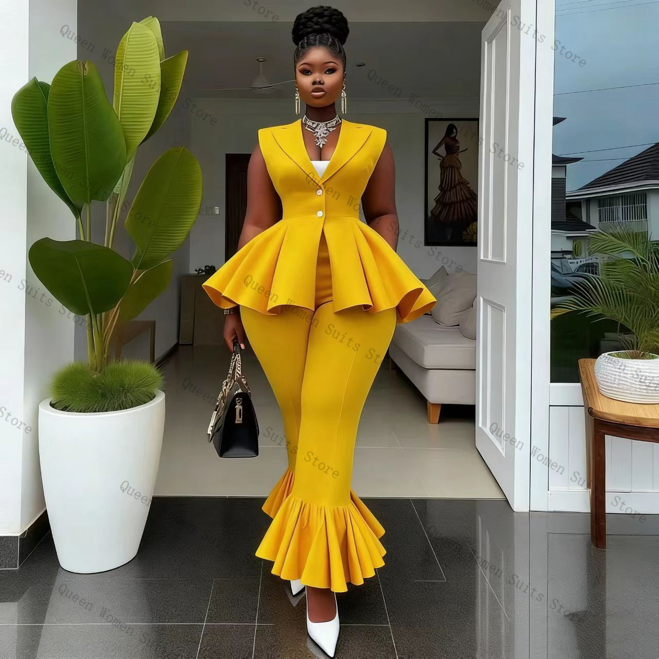 Setelan Celana Wanita Kuning 2 - Women Formal Wear Vest ulasan dan harga
